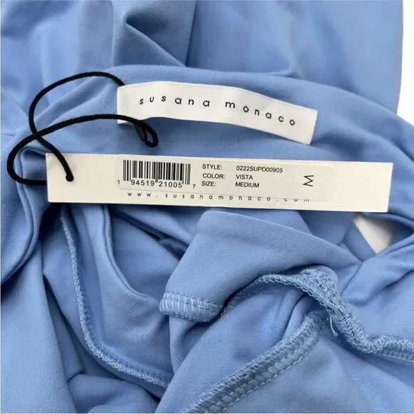 Susana Monaco Vista Blue Stretch Bodycon Ruffle Strap Open Cutout Back Dress M - Picture 9 of 10